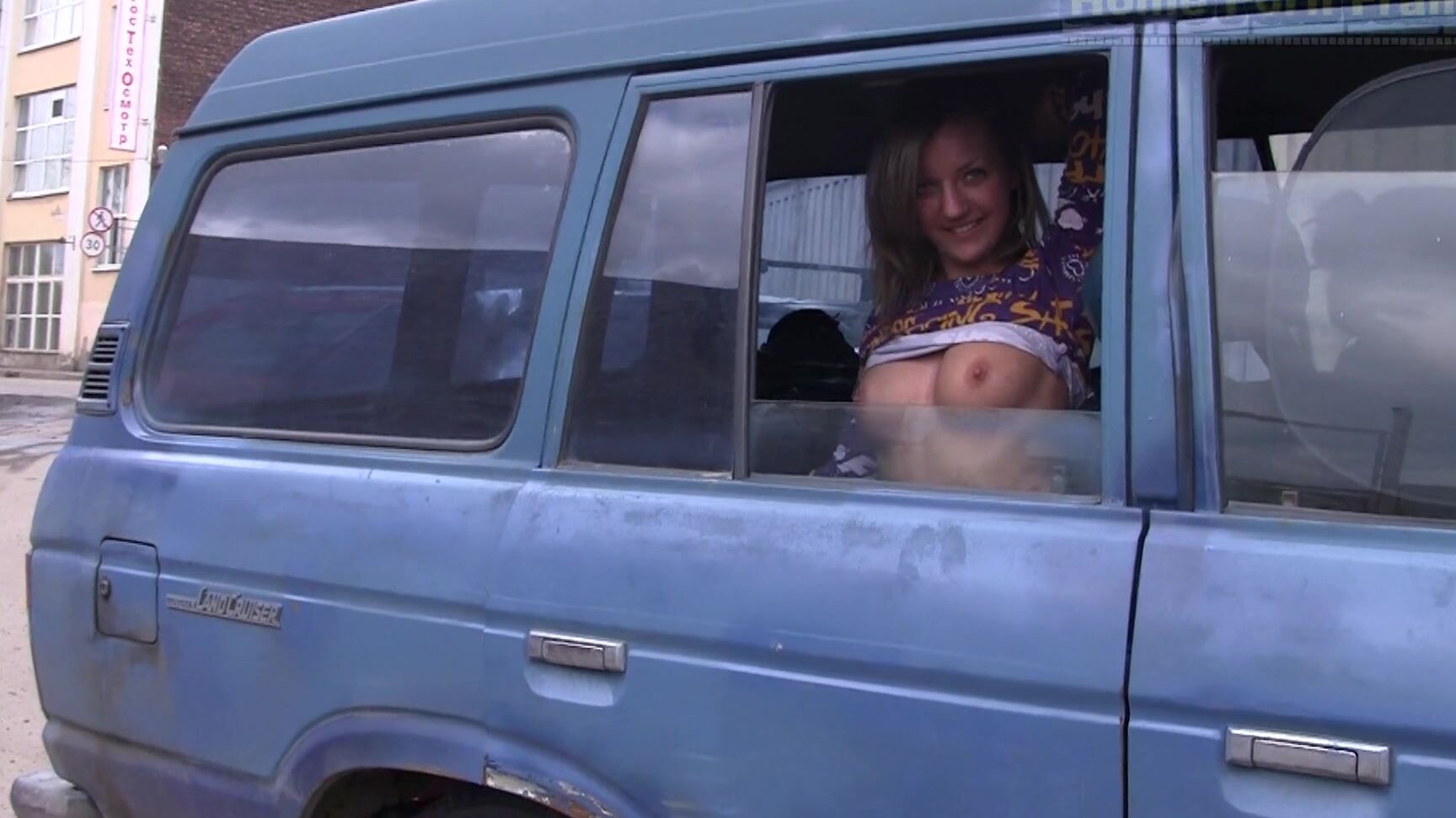 Blonde Sexy Babe Upskirt Showing Pussy And Tits In The Car