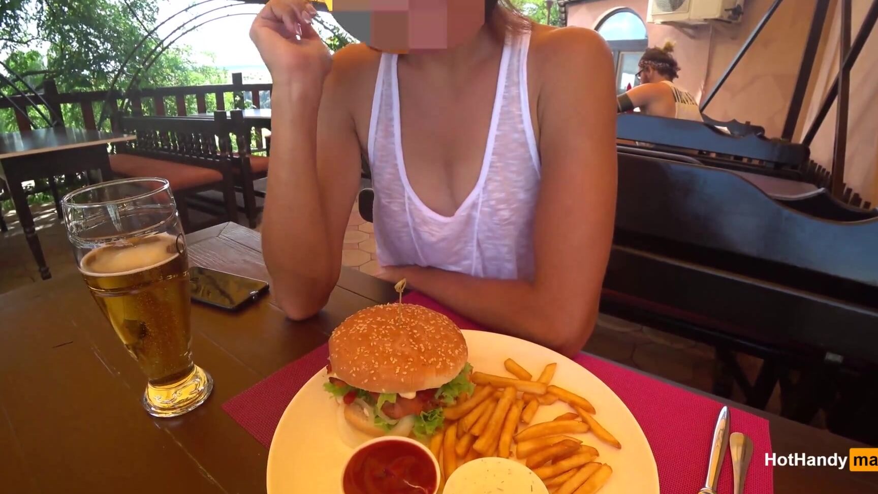 "Perv Mom" No Bra, No Bra Public, Flashing, Small Tits, Cafe, Public, Long Legs, Nip Slip, Voyeur, Shirt, White Shirt, Eating Food, Food, Braless Sideboob, Public Sideboob, Flashing Wife, Suggest Perv Mom Eating burger and flashing in the cafe Transp