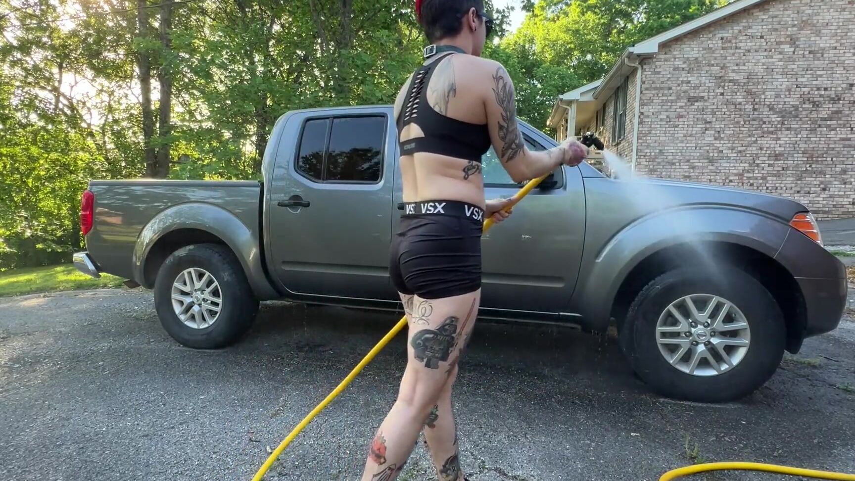 "Public Agent" Car, Car Wash, Non Nude, Black Underwear, Femboy, Ftm, Cute Femboy, Nonbinary, Voyeur, Real Voyeur, Casual, Sunglasses, Short, Gym Shorts, Water, Public Flashing, Suggest Public Agent Washing My Car in My Underwear While My Neighbors W