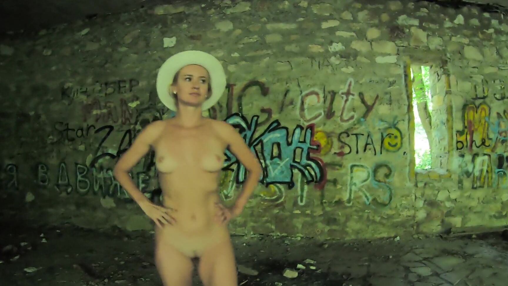 Naked Girl Walks Through An Abandoned Building