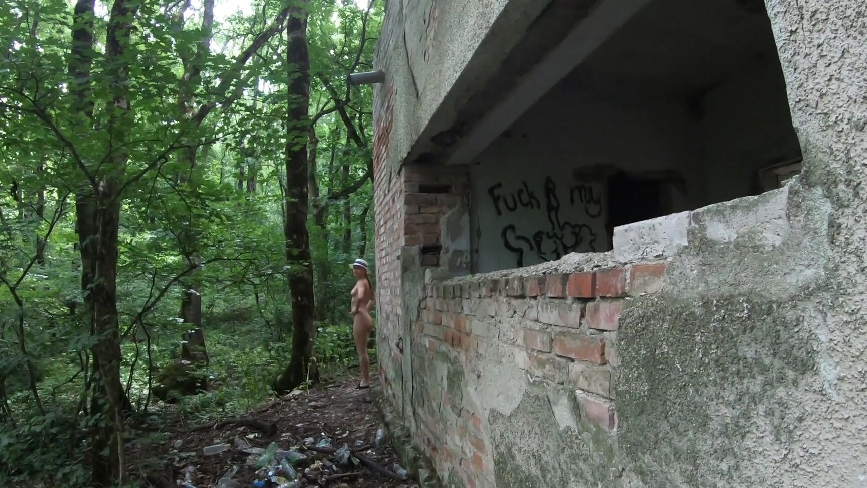 Naked Girl Came To An Abandoned Building In The Forest