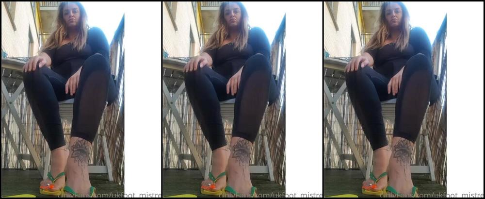 Ukfoot Mistress Onlyfans Neon Orange Nails Oozing Over The Edge Of Yellow Flip Flopsp