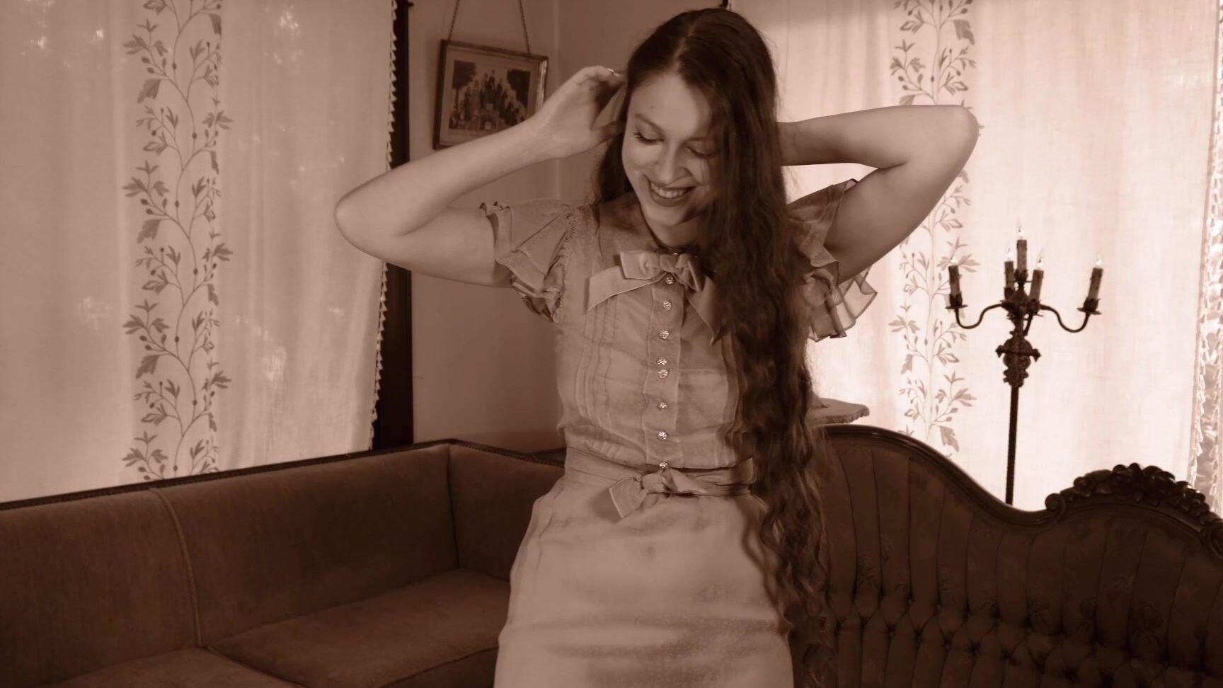 "MadameBeatrix" masturbation, redhead, vintage, hairy bush, long hair behind the veil an original amp romantic porno manyvids