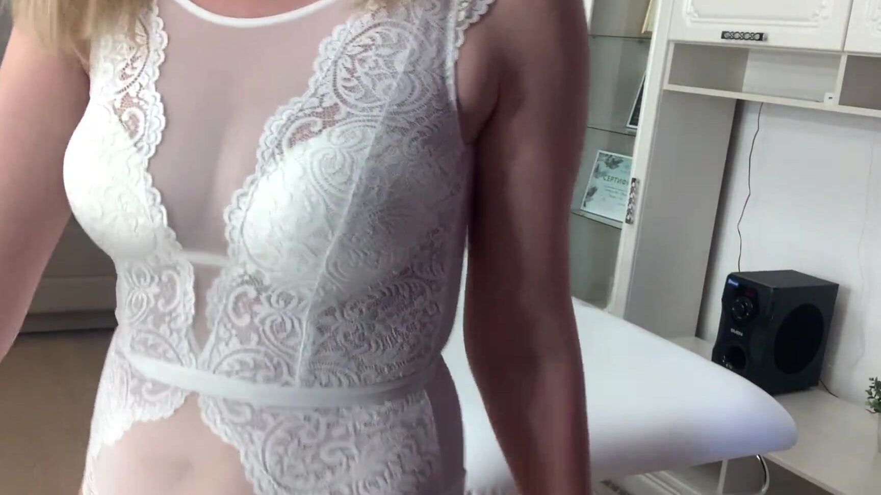 Sexy Milf In White Stockings Shaves A Thick Dick And Afterward Gets Cleaned Up In Sexy Lingerie