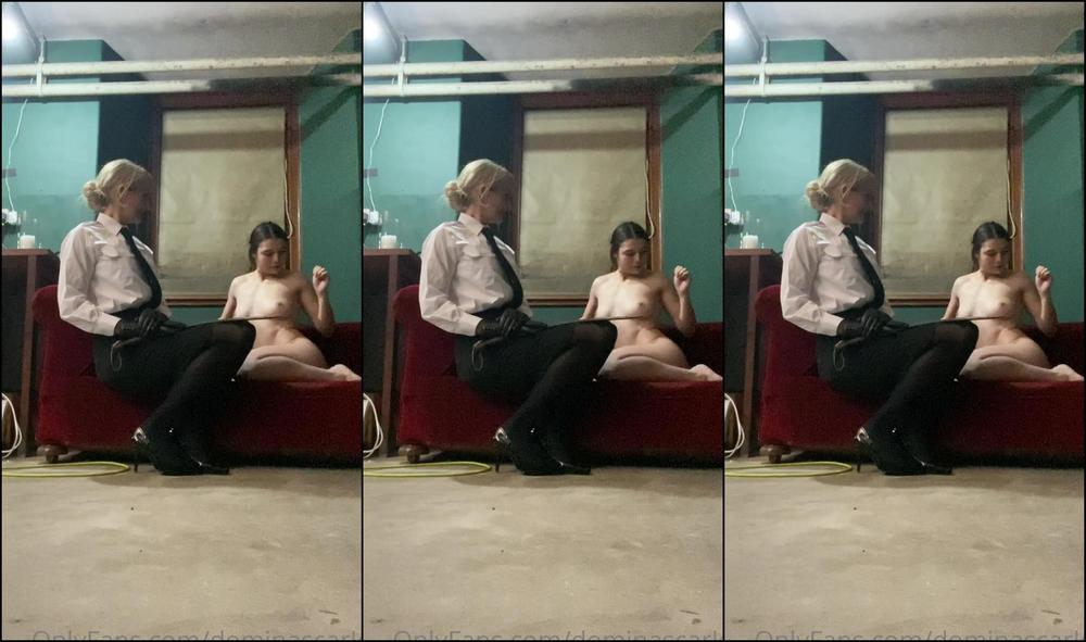 Miss Scarlet BTS of the post interview of a strapping film along with Bella Clips4Sale