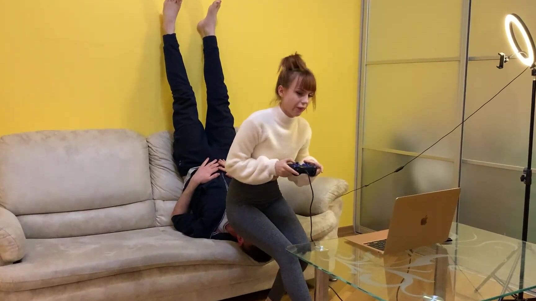 Petite Princess FemDom - Gamer Kira in Leggings Uses Her Chair Slave While Playing