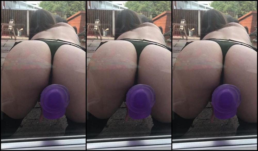 "SuzieLove212" brunette, dildo riding, milf, public nudity, thong fetish Riding Suction Cock in Overlooked Garden manyvids
