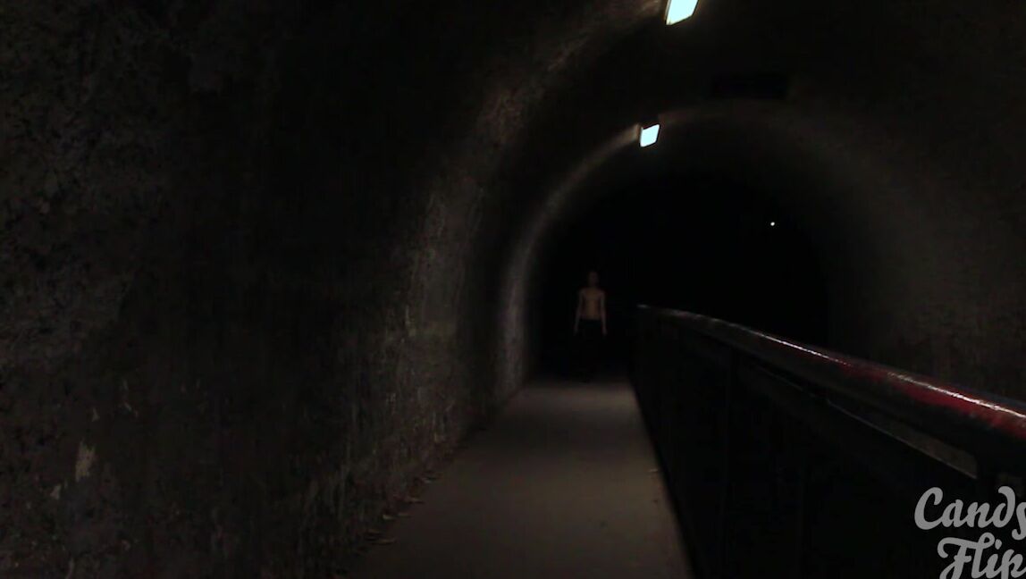 Blonde, Public Nudity, Skinny Women, Small Tits, Striptease candy flip showing titties in a tunnel at night ManyVids