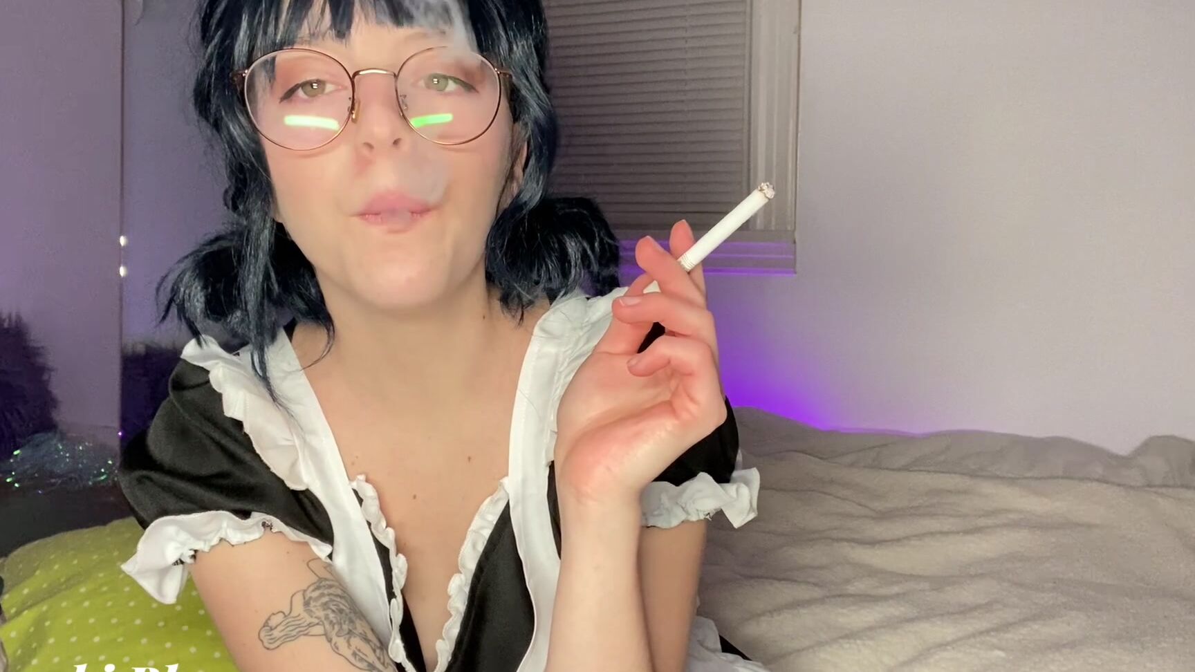 "Bambi Bluu" blowjob, eyeglasses, maidfetish, mouthfetish, smoking maid in glasses smoking solo pov manyvids