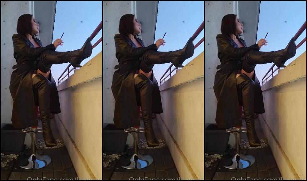 Lillagrace Smoking In Leather Coat Thigh High Boots