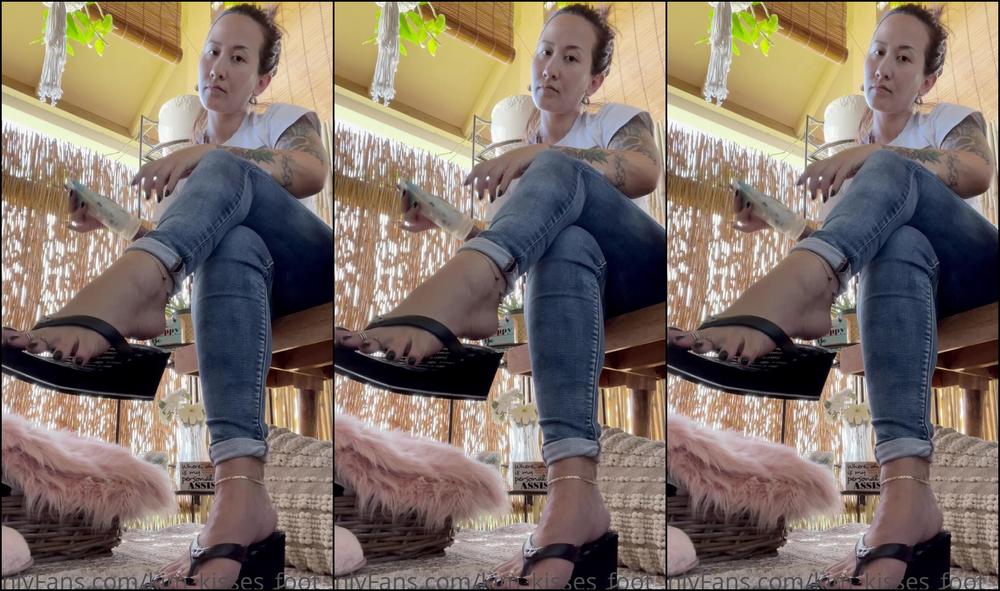 Kim Kisses Foot Goddess Putting Lotion On My Toes And Teasing You In These Wedge Flip Flops