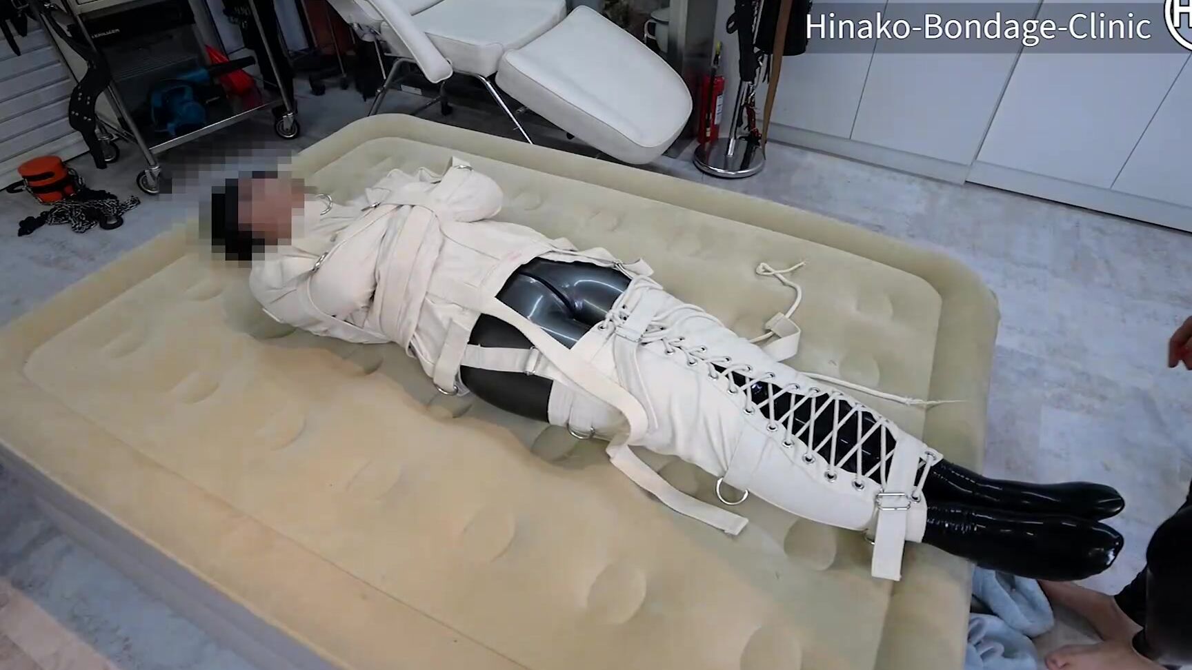 Taped Down To The Bed In A Latex Cat Suit And Canvas Straitjacket