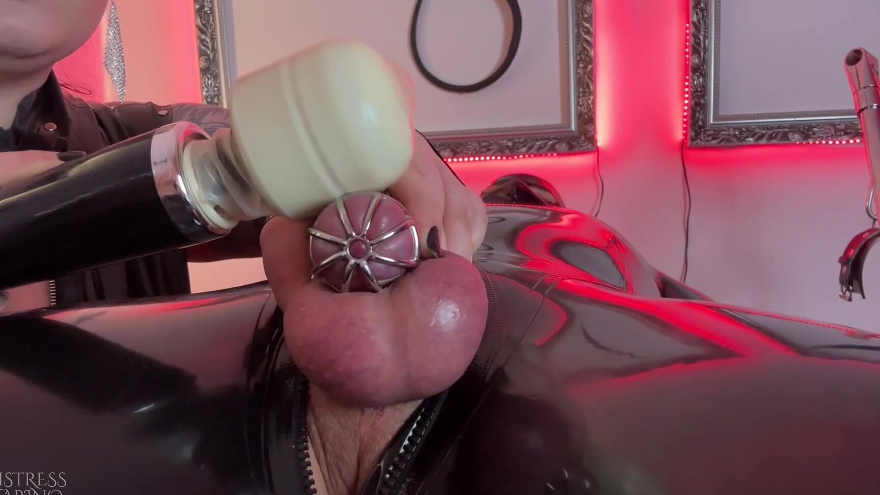 Mistresskarino Rubber Gimp Made To Cum In Chastity Cage