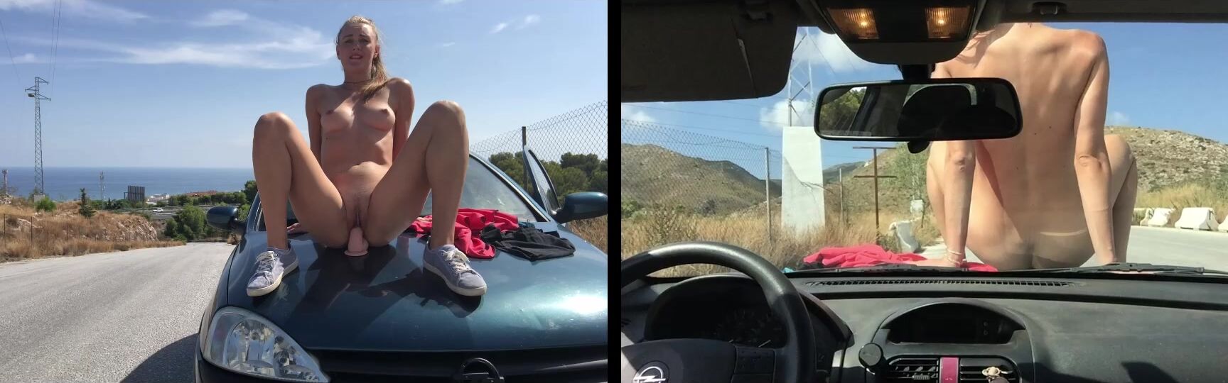 Dildo Fucking, Outdoors, Public Nudity, Public Outdoor, Exhibitionism iviroses riding dildo in public road on car hood ManyVids