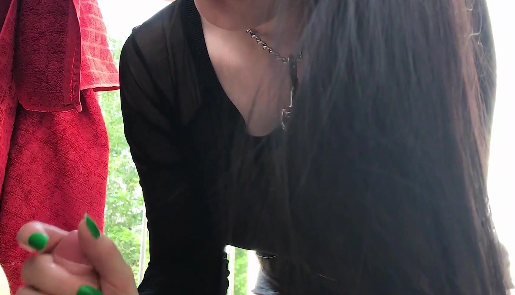 sadend sloppy blowjob on the balcony by sister