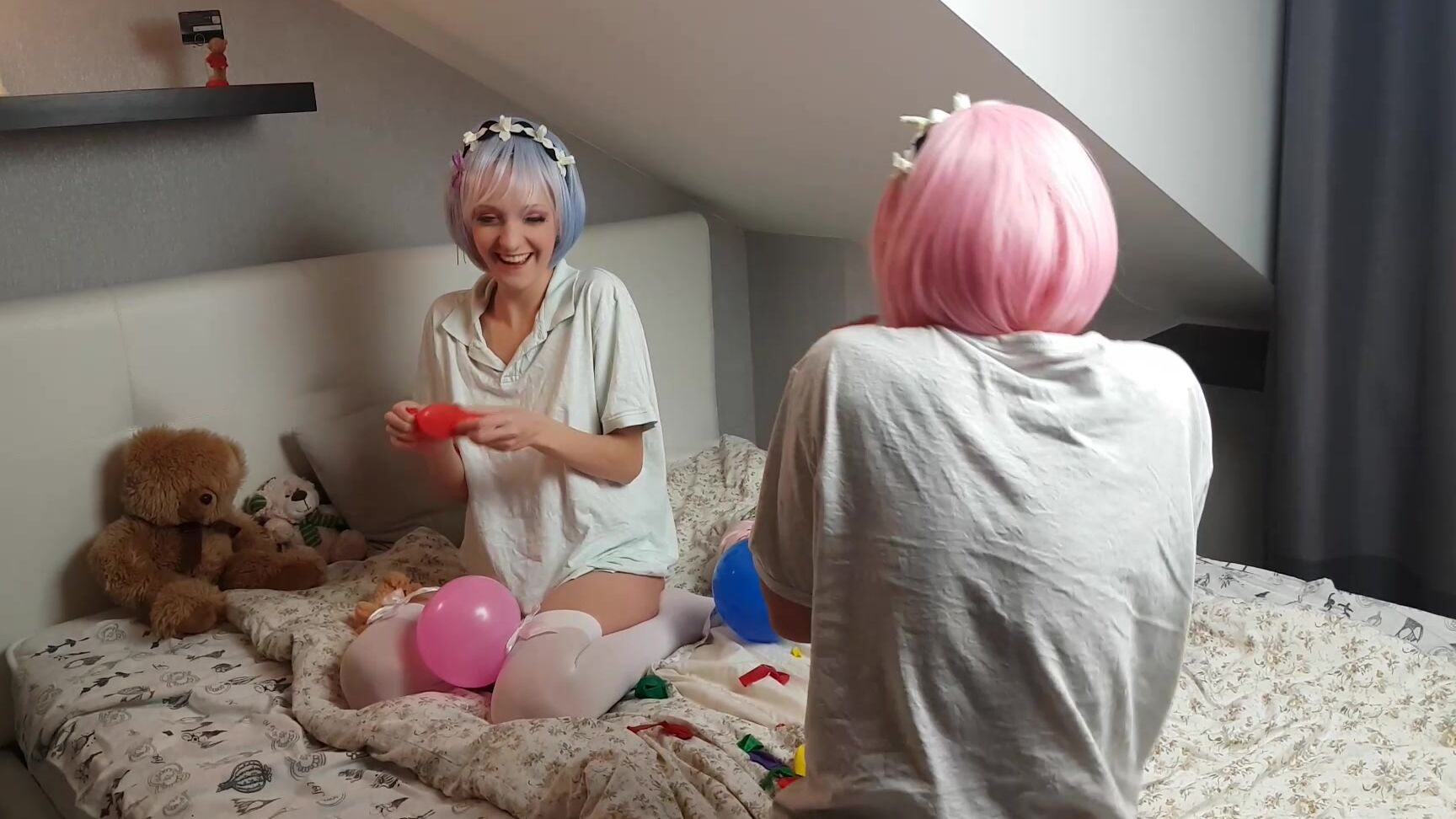 Balloons, Girl Girl, Cosplay, Wigs, Slow Motion loveskelly ballons pops rem ram re zero ManyVids