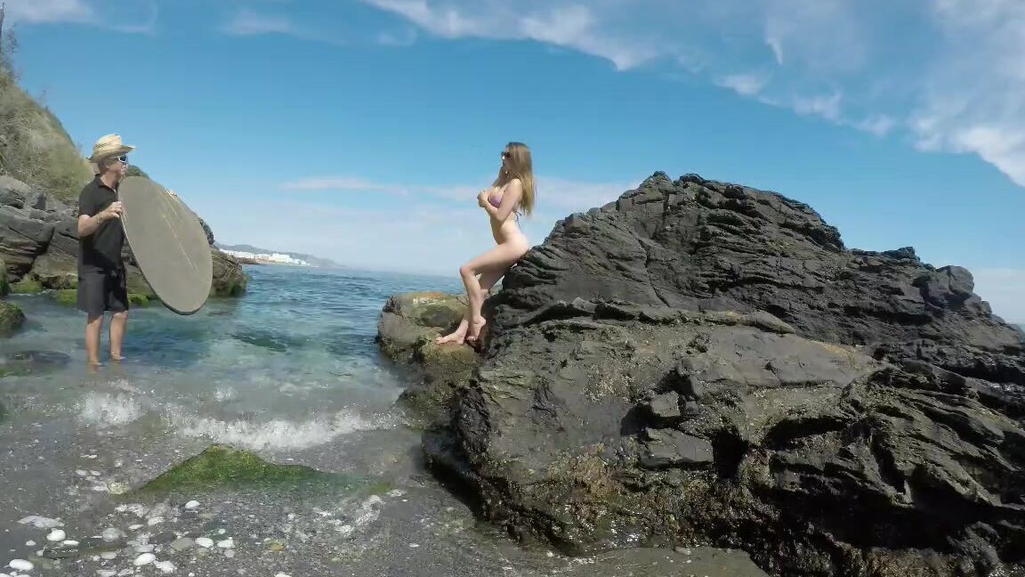"ScarlotRose" behind the scene, bikini, micro bikini, model, public outdoor BTS Micro bikini by the sea Manyvids