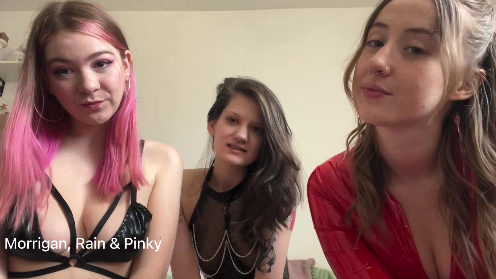 "pinkbaby24" femdom, joi, pvc-vinyl, girl girl girl, british triple domme PVC JOI Manyvids