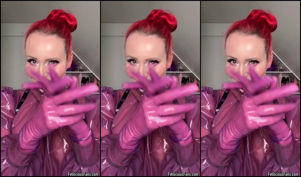 Miss Fetilicious gets her Translucent Purple Latex gloves and toes on in Onlyfans Video I M In Love With My New Latex Gloves