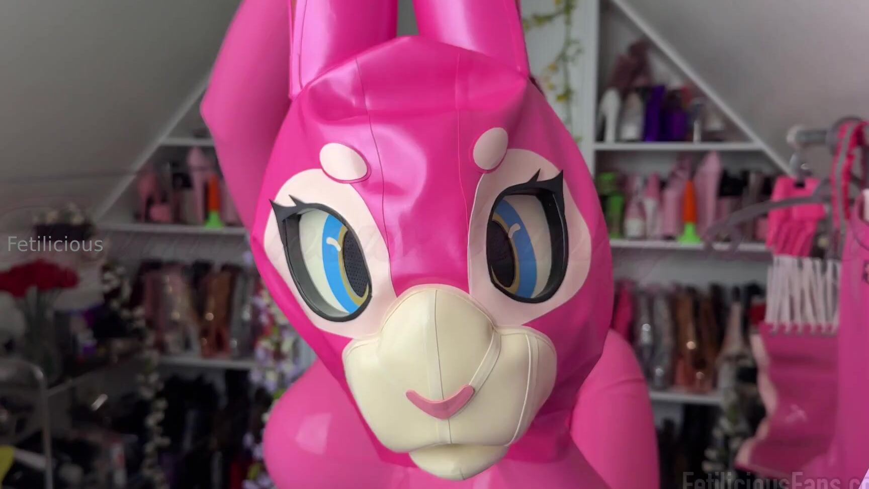 Miss Fetilicious tries on her new inflatable Bunny hood and gives it a good rubdown